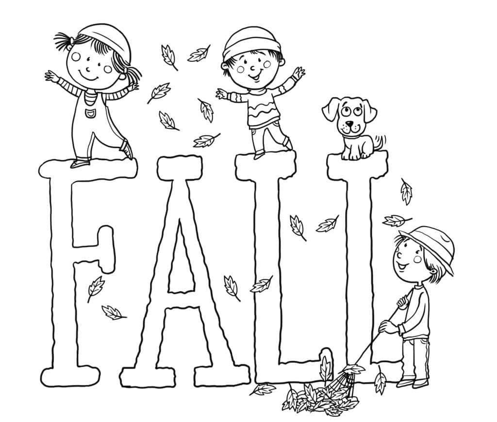 享受秋日，用秋日塗色頁面歡慶 壁紙 — 孩子們和一隻狗在拼出FALL的大字母上快樂地玩耍，周圍秋葉飄舞。