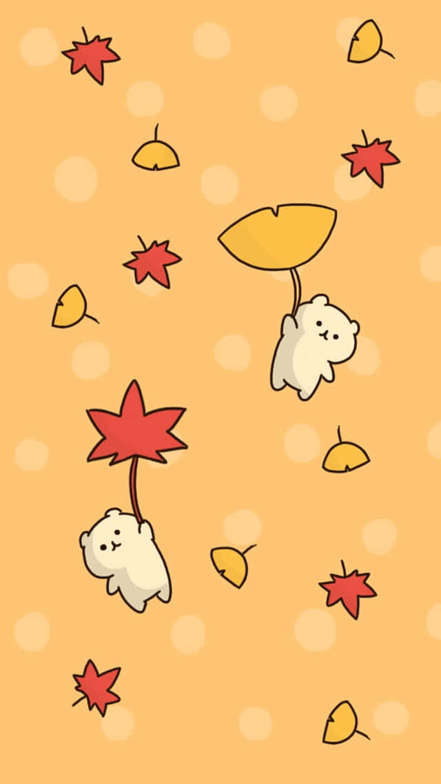 享受秋日之美，擁抱溫暖氛圍！ 壁紙 — 可愛的白熊漂浮在落下的紅色和黃色秋葉之間，背景是溫暖的橙色圓點。
