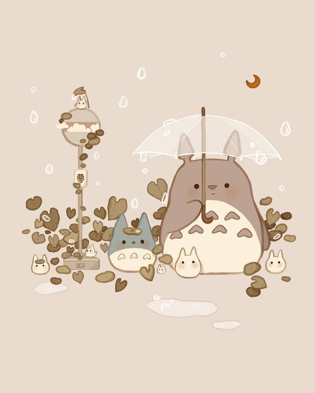 龍貓和朋友們在雨中燈籠旁撐傘，漂浮的心形