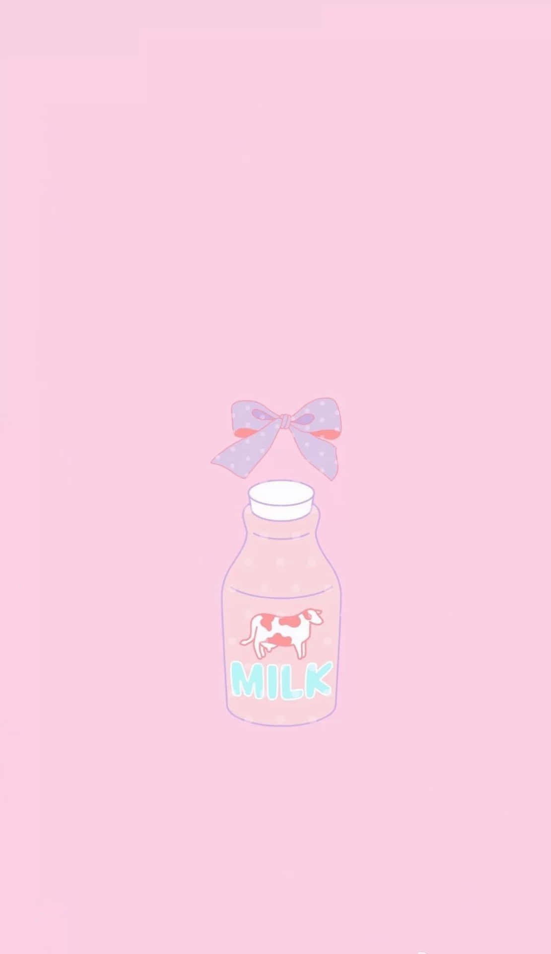 一個可愛的插圖牛奶瓶，帶有牛和蝴蝶結，放在粉紅色背景上。
