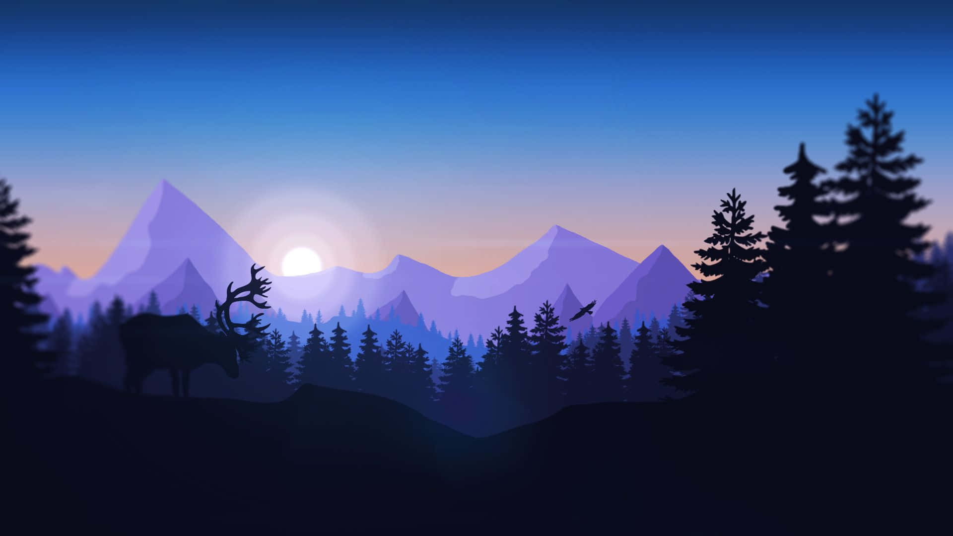 森林中的麋鹿剪影，黃昏時的山脈和夕陽。