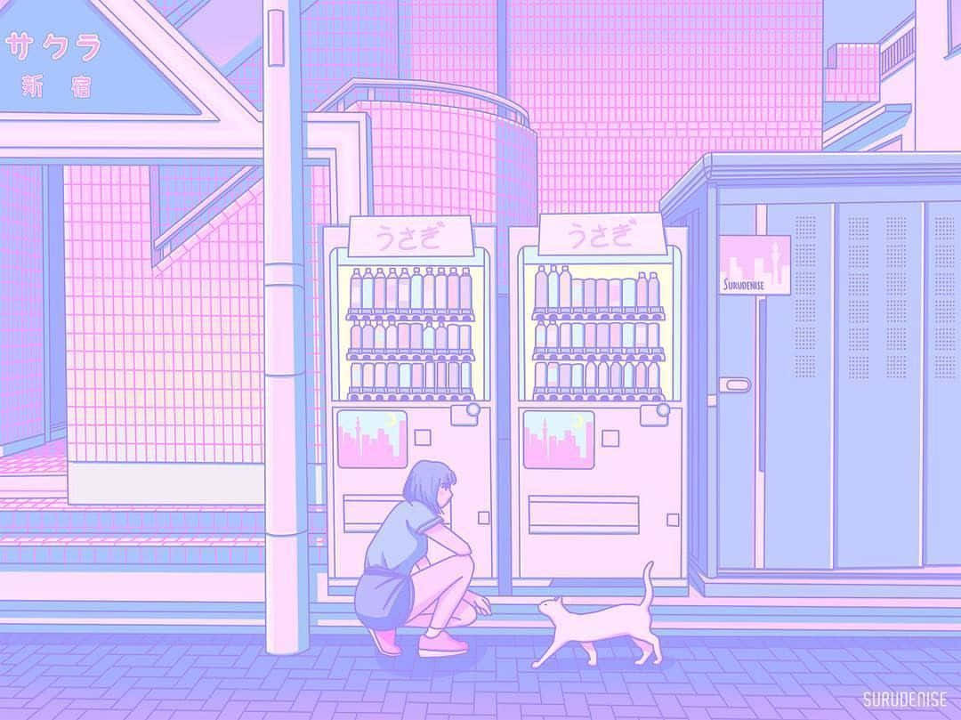 享受粉嫩動漫之美 壁紙 — 一個女孩蹲在一隻貓旁邊，靠近發光的粉紅色和藍色自動售貨機，在一個風格化的城市小巷中。