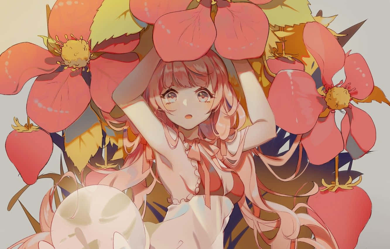 享受粉紅動漫幻想之美 壁紙 — 一個驚訝的粉紅色頭髮動漫女孩被超大的粉紅色和橙色花朵包圍在柔和發光的場景中。