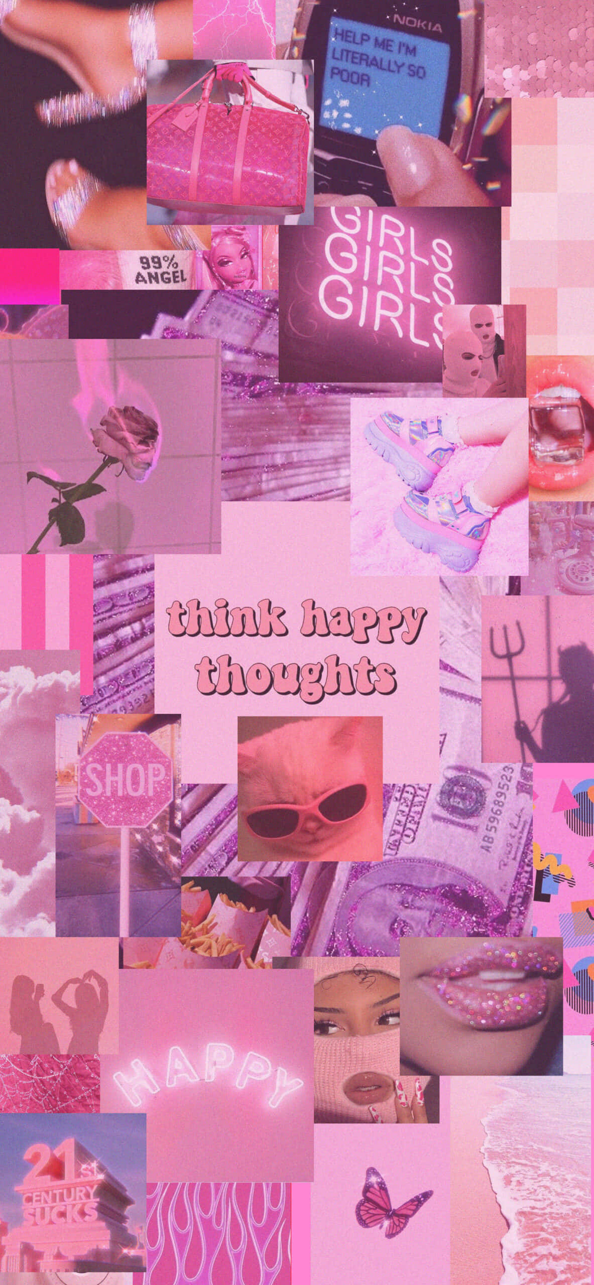 享受粉紅的清爽感 壁紙 — 一個充滿活力的粉紅色拼貼畫，包含流行文化圖標和閃閃發光的文字片段，營造出年輕而充滿活力的美感。