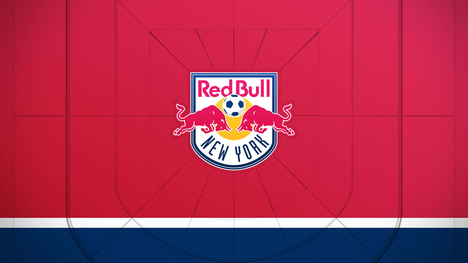 Red Bull New York 足球隊標誌在紅色和藍色背景上，帶有幾何設計。