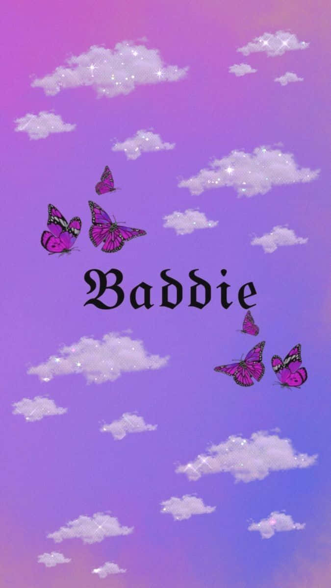 紫色天空，雲朵和蝴蝶圍繞Baddie一詞