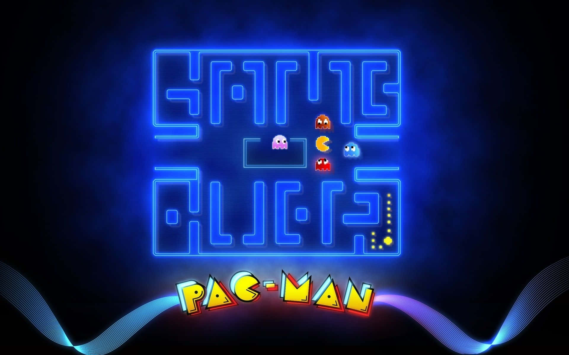 經典 Pac-Man 遊戲標誌，在深色背景上帶有發光迷宮和鬼魂。