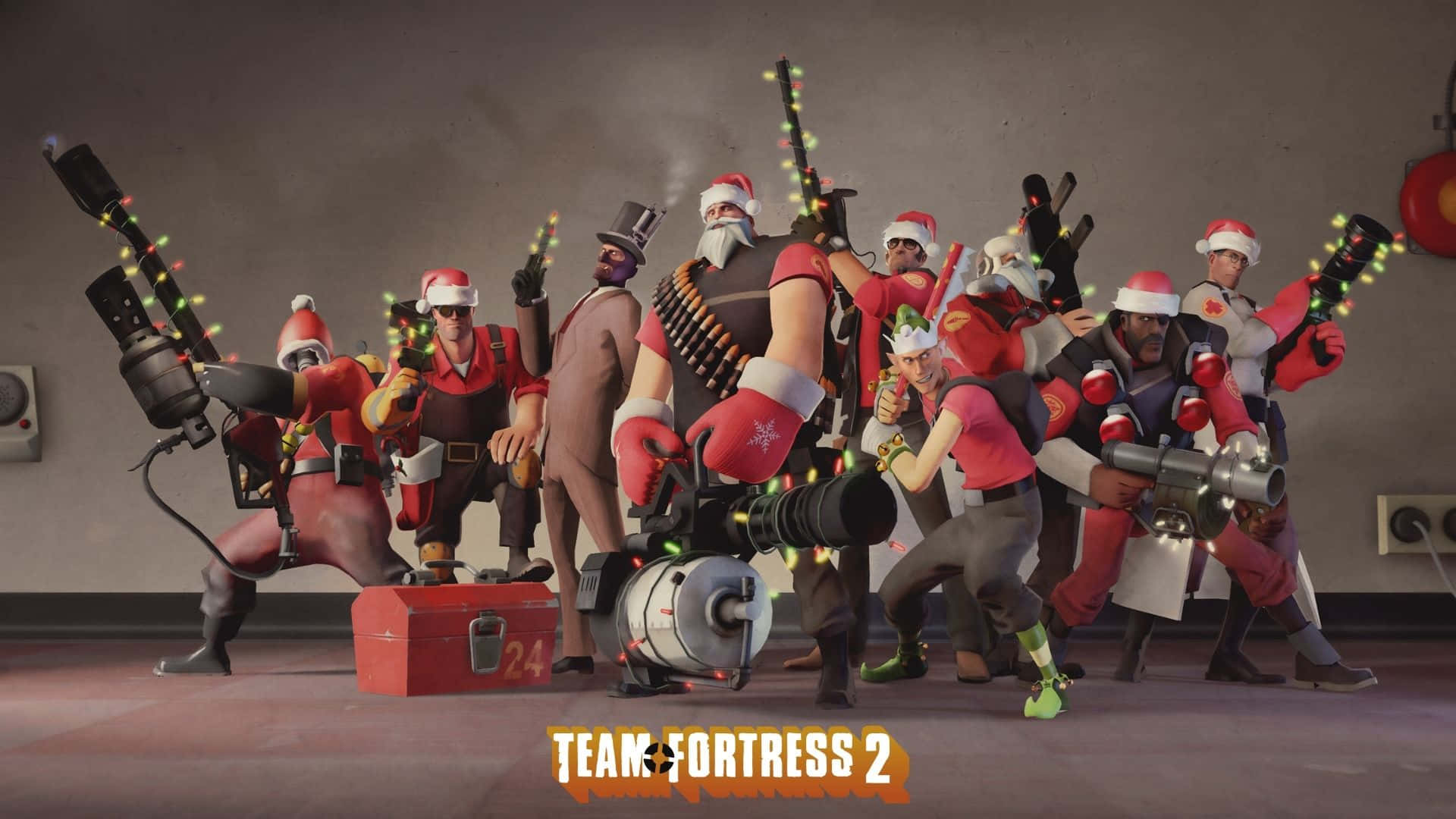 穿著節日服裝的 Team Fortress 2 角色拿著裝飾過的武器擺姿勢。