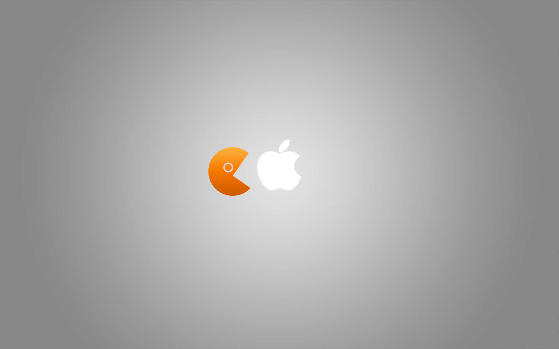 橙色Pac-Man同白色Apple標誌喺灰色漸變背景上