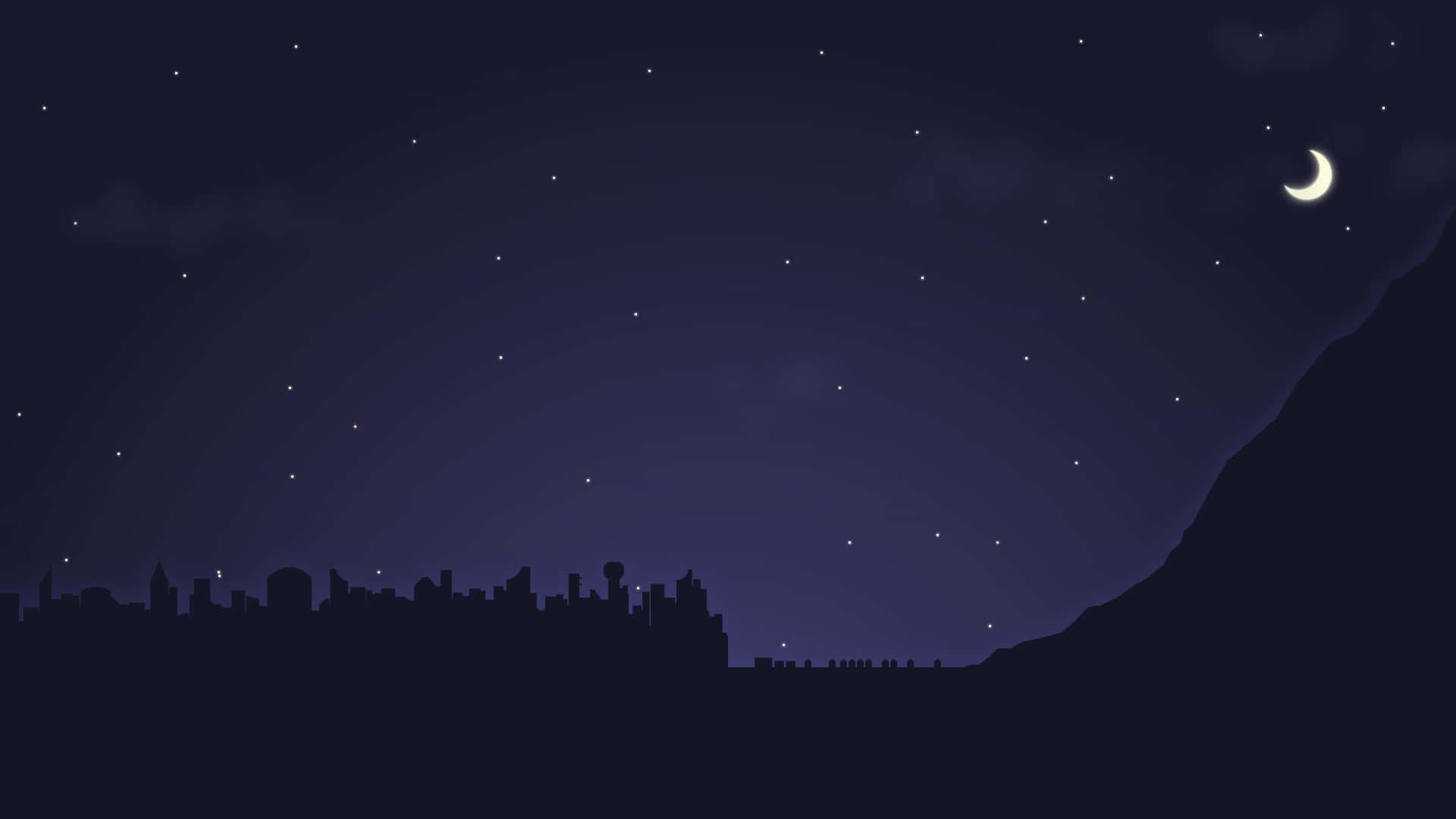 城市天際線與山巒，在繁星點點的夜空下，伴著一彎新月。