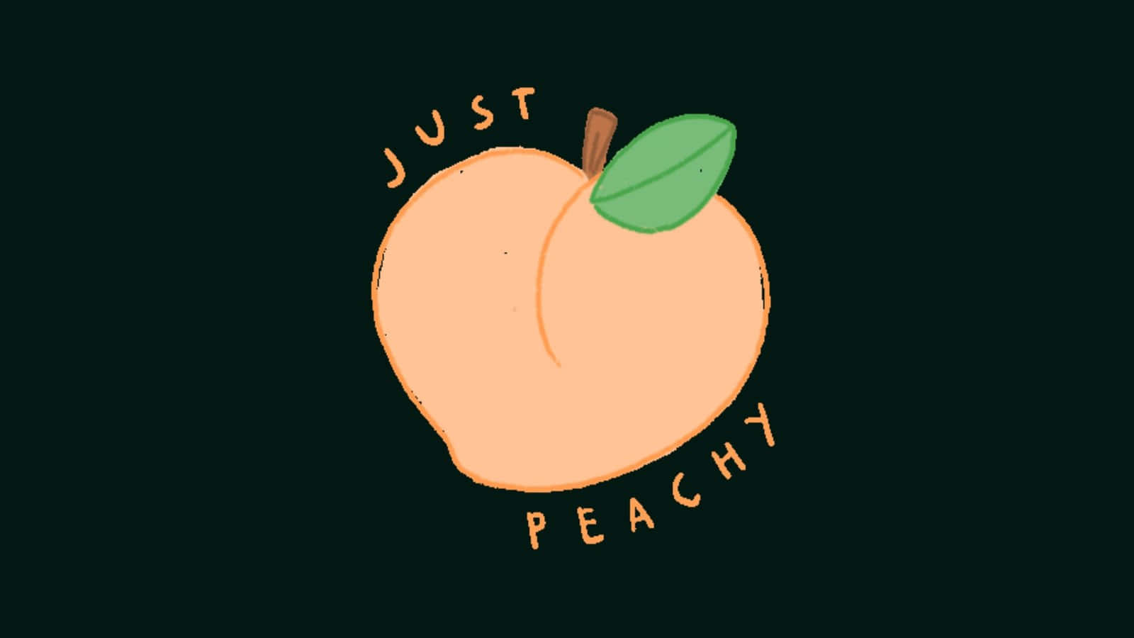 一個帶有葉子和莖的桃子，周圍環繞著文字 'just peachy'，背景為深色。