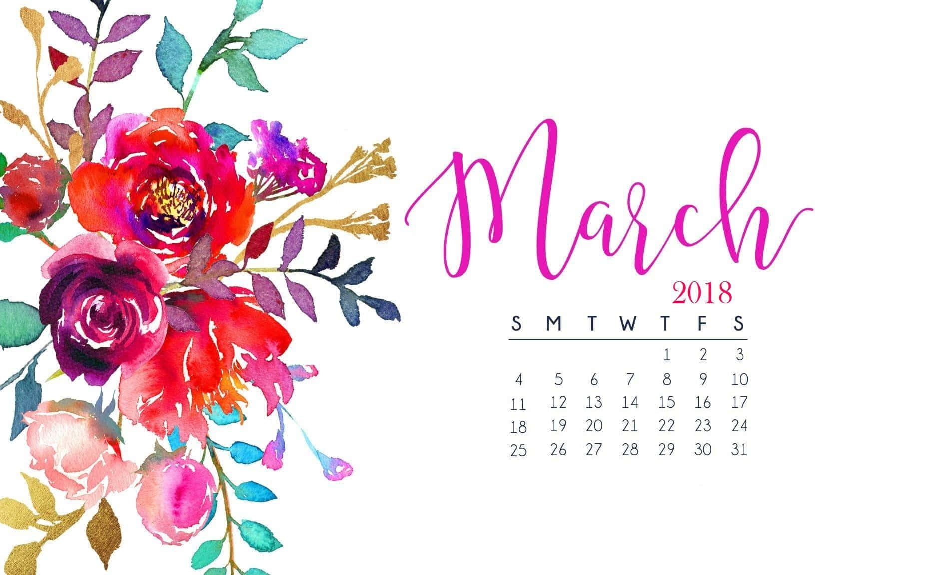 2018年3月日曆，左側有色彩繽紛的水彩花卉。