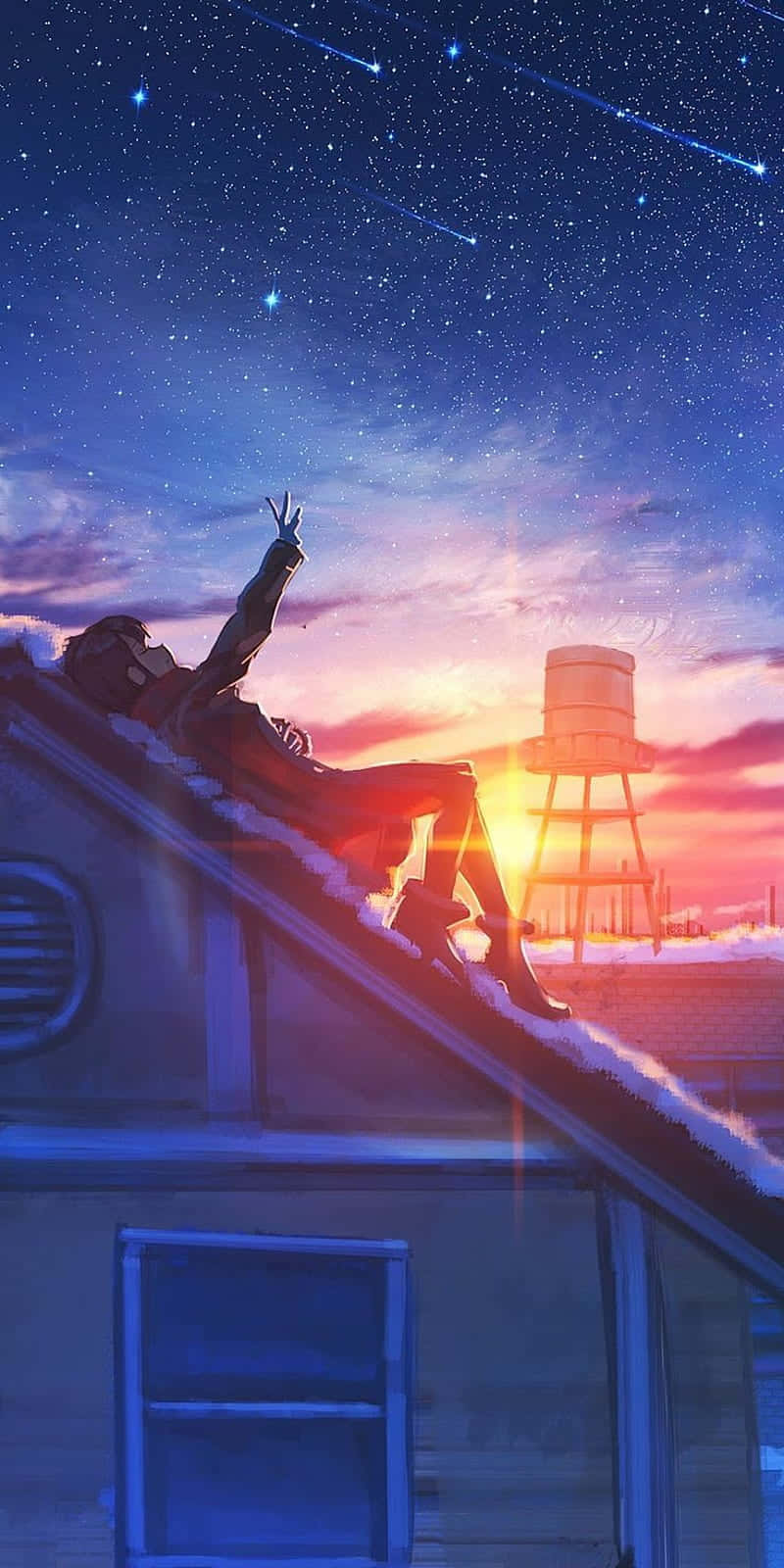 黃昏時分積雪屋頂上的人，伴隨星星和水塔
