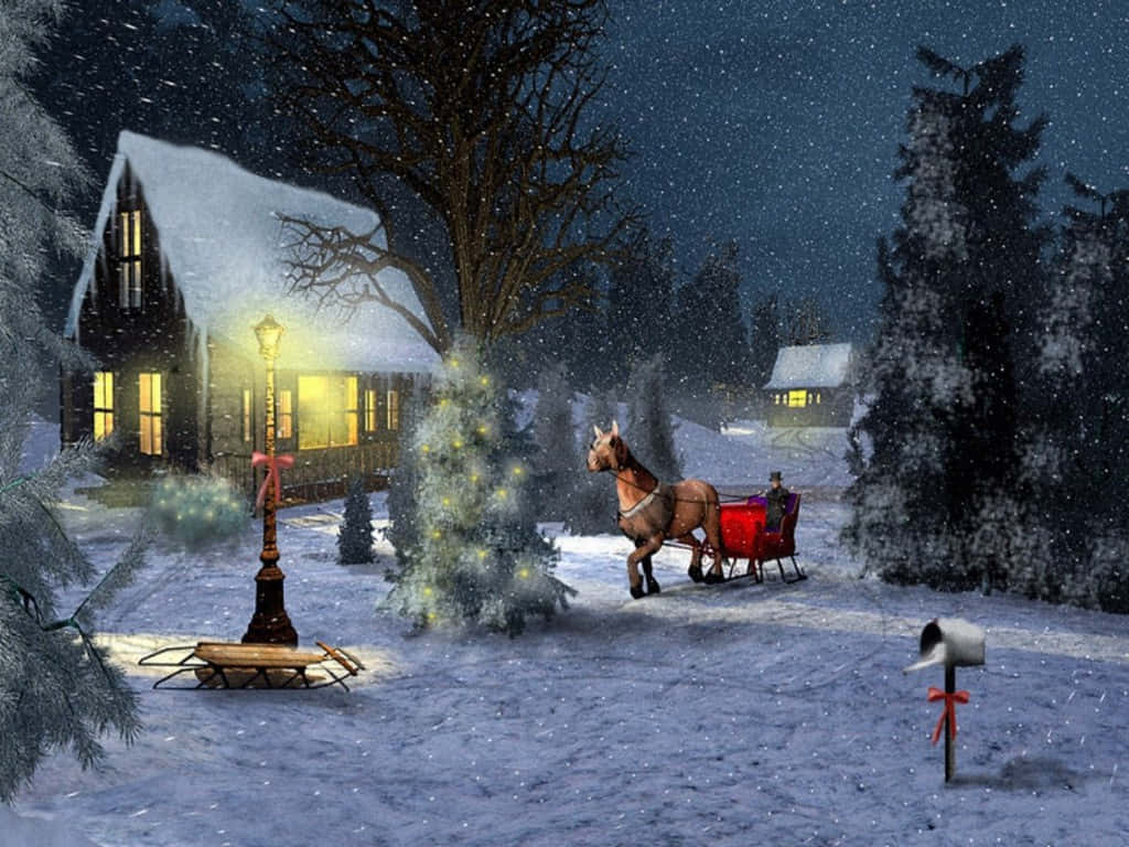 雪夜冬景，馬拉雪橇、亮燈小屋和裝飾樹。