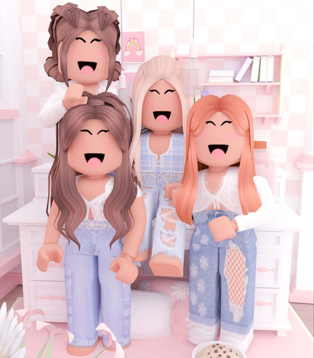 享受與Roblox BFF社交的樂趣！ 壁紙 — 四個快樂的Roblox角色穿著粉紅色和藍色的服裝，在一個裝飾甜美的房間裡一起大笑。
