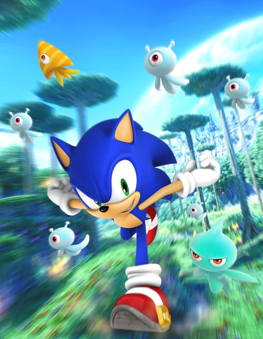 享受與經典索尼克一起遊戲 壁紙 — Sonic the Hedgehog 喺充滿活力嘅森林中疾馳，追逐發光嘅外星生物，帶有動態模糊效果。