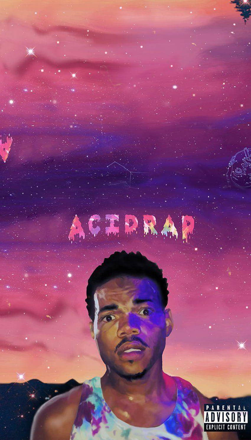 穿著紮染襯衫的男子在色彩繽紛的星空下，帶有acidrap文字。
