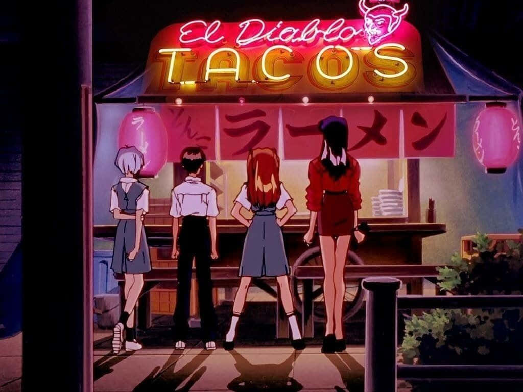 四個動漫女孩在夜晚的霓虹墨西哥卷餅攤前，有日文招牌。