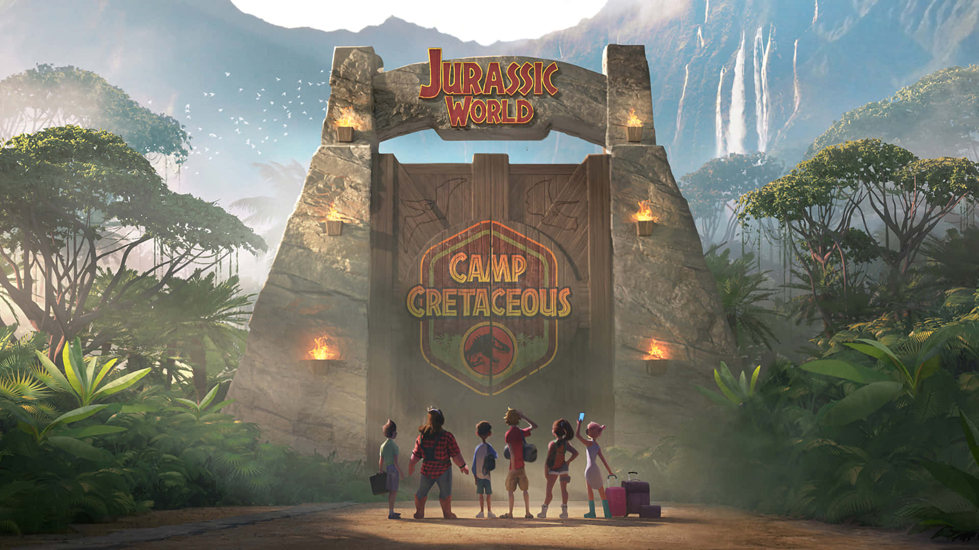 孩子們帶著行李箱站在叢林中的 Jurassic World Camp Cretaceous 大門前。