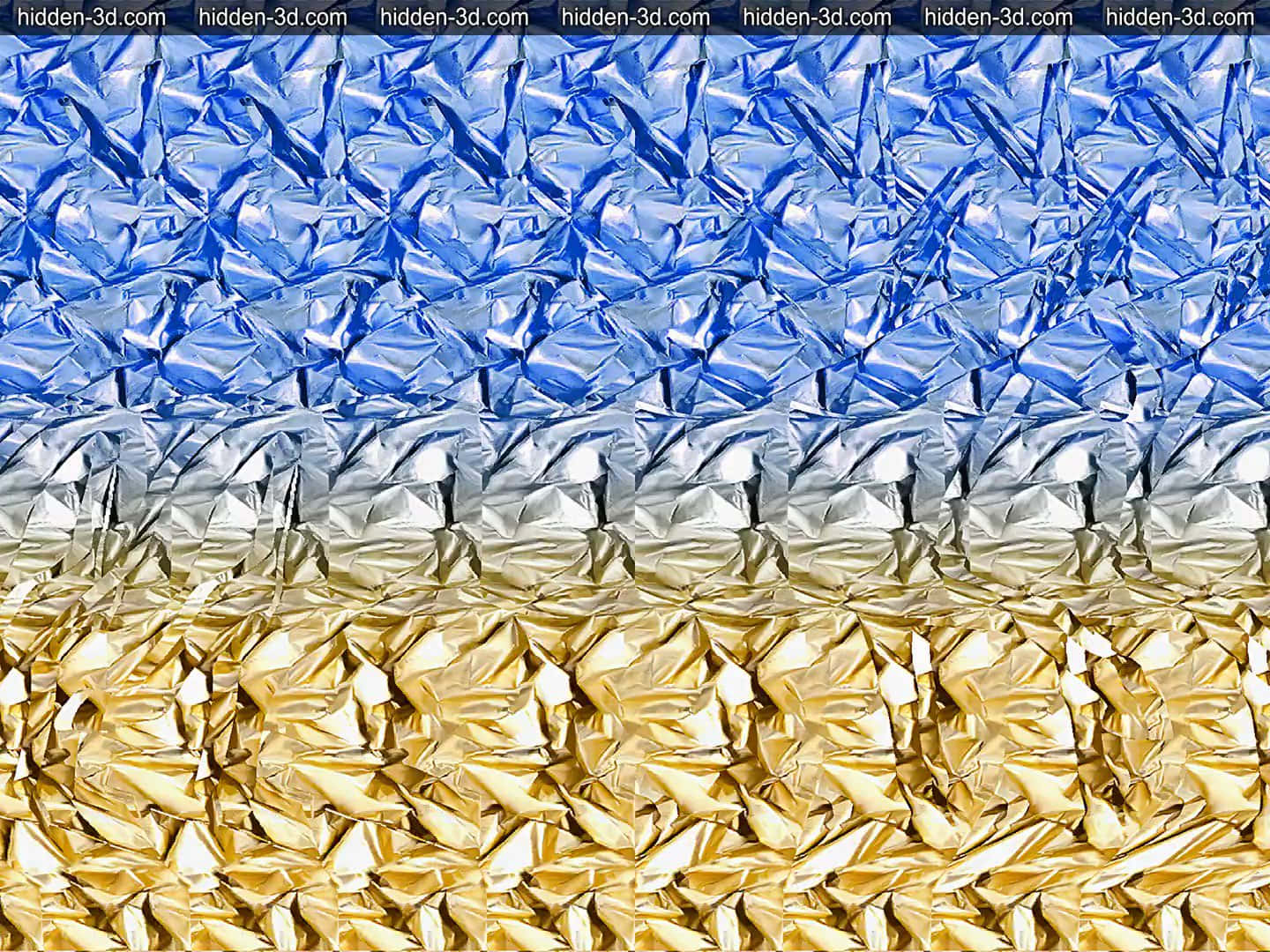享受這幅3D畫作的隱藏維度 壁紙 — 充滿活力的皺紋金屬箔漸變，從藍色過渡到銀色再到金色，形成紋理圖案。