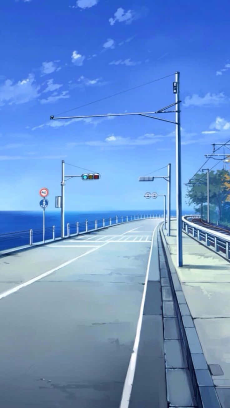 動漫風格下晴朗藍天與海景的沿海道路