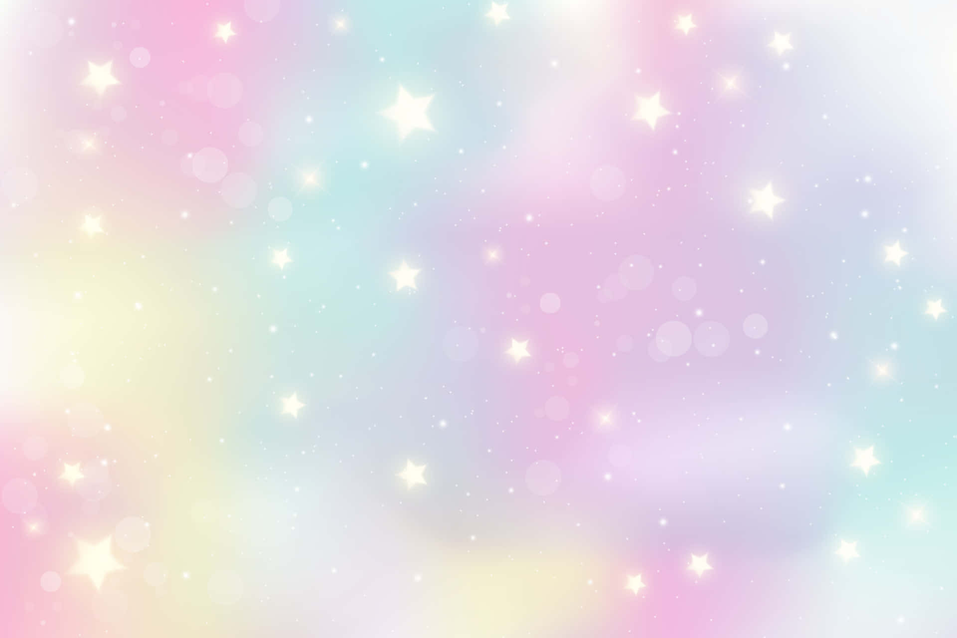 享受這款 Kawaii 風 Pastel 筆電的俏皮色彩！ 壁紙 — 夢幻的粉彩漸變天空，充滿閃爍的星星和柔和散景燈光。
