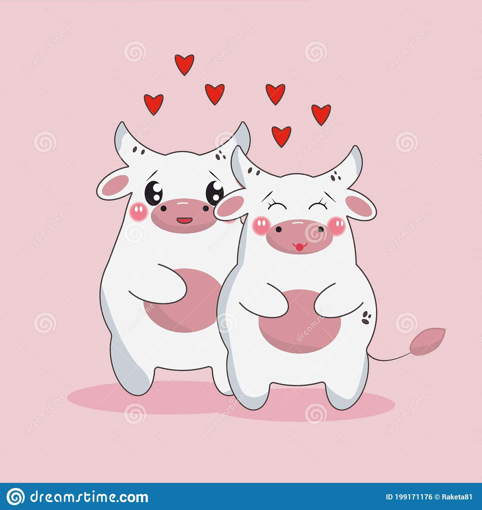 享受這隻Kawaii奶牛的可愛魅力！ 壁紙 — 兩隻可愛的卡通牛在柔和的粉紅色背景上幸福地依偎，心形圖案漂浮在它們上方。