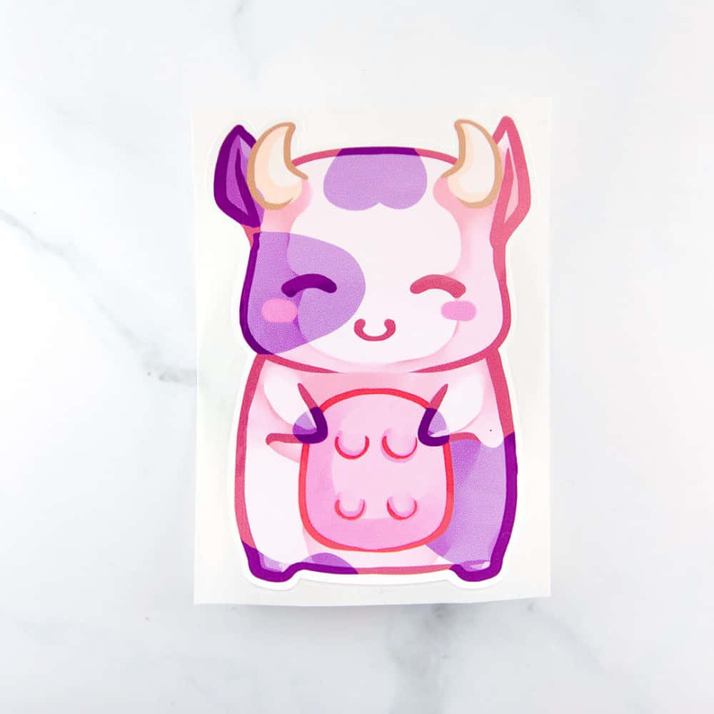 享受這隻可愛的Kawaii牛吧！ 壁紙 — 一個可愛的卡通公牛貼紙，帶有粉紅色和紫色斑點，在白色大理石表面上微笑。