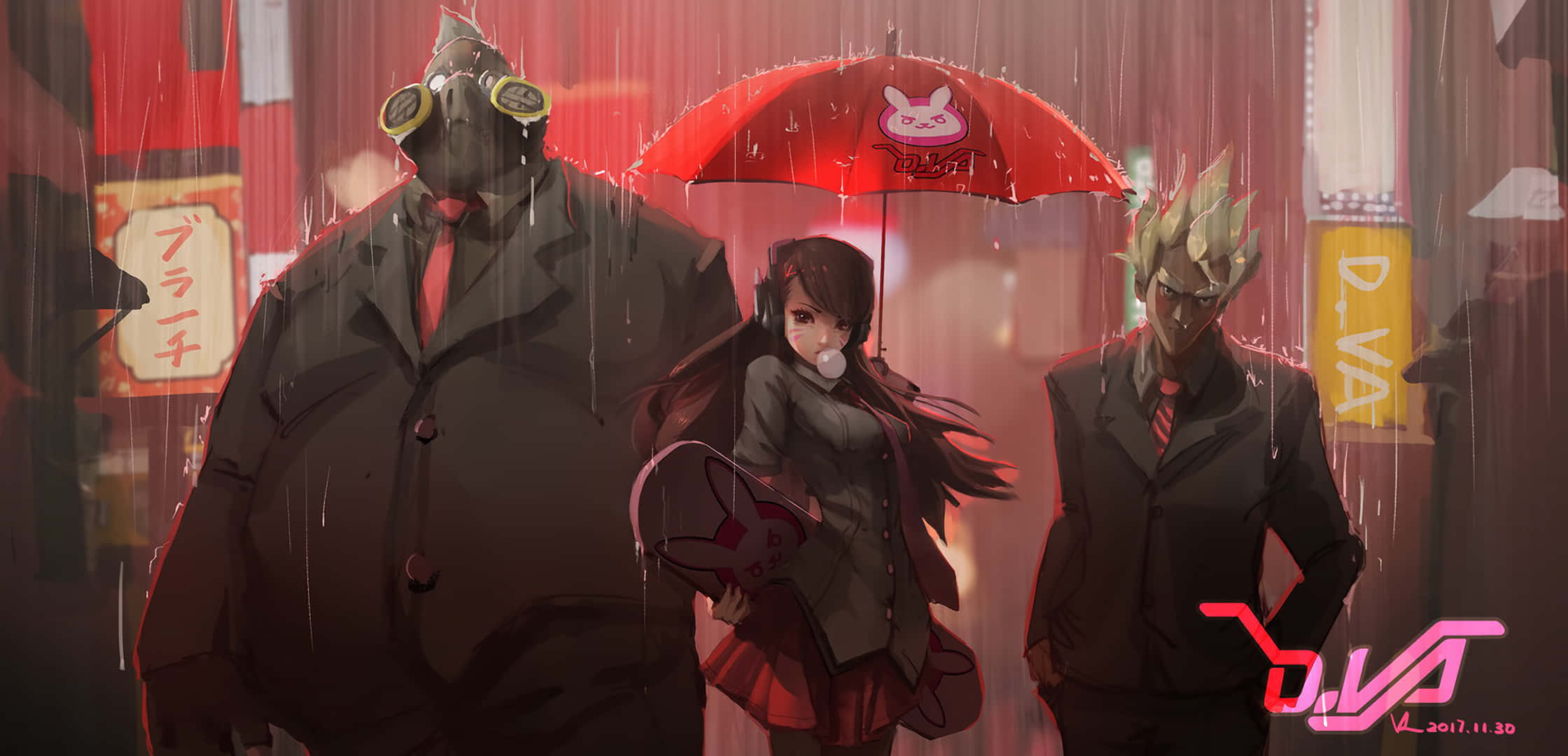 享受遊戲的刺激感，體驗高清《守望先鋒》 壁紙 — 三個動漫角色站在雨中城市小巷，撐著一把有兔子圖案的紅色雨傘。