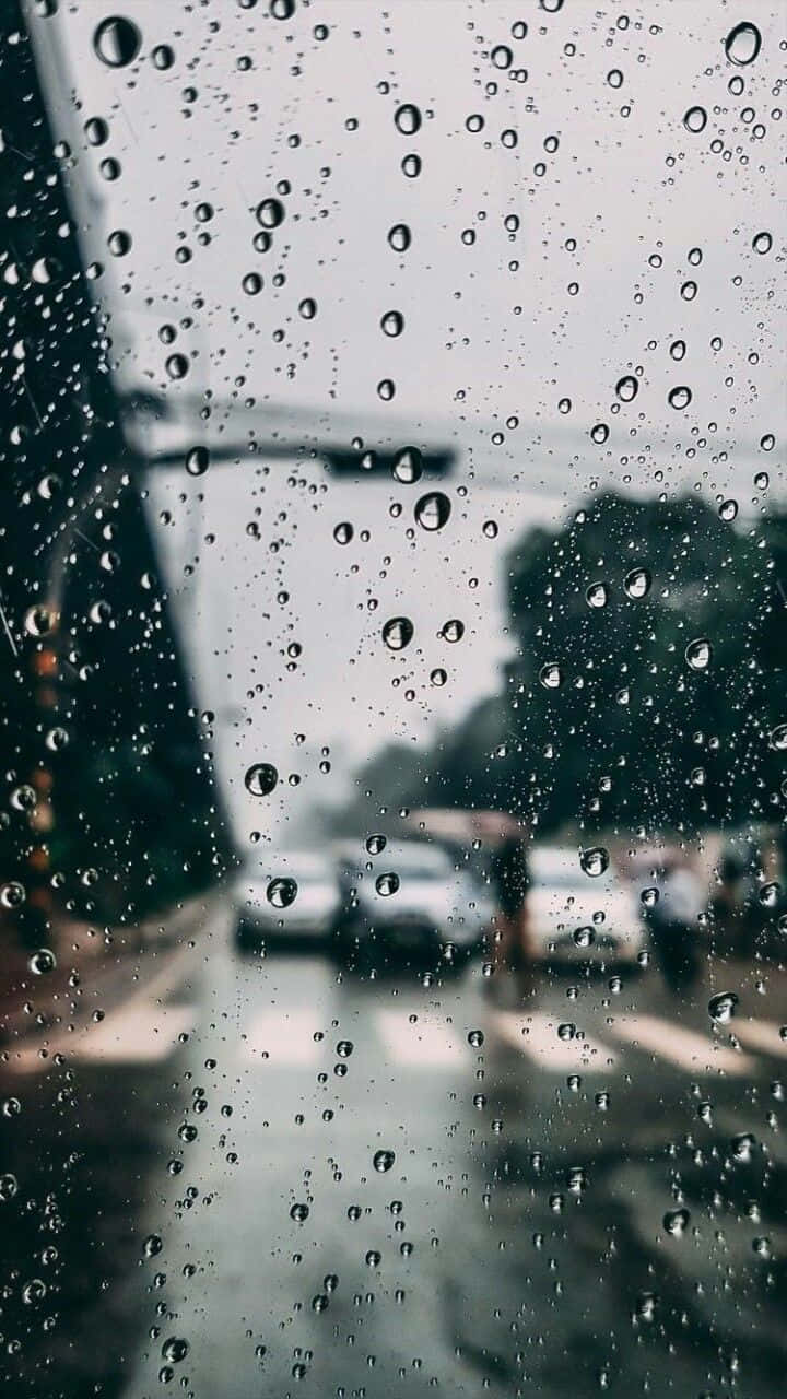 享受陽光溫暖與微風拂面的美好一天 壁紙 — 雨滴模糊了灰色日子裡透過車窗看到的濕漉漉的街道、汽車和樹木的景色。