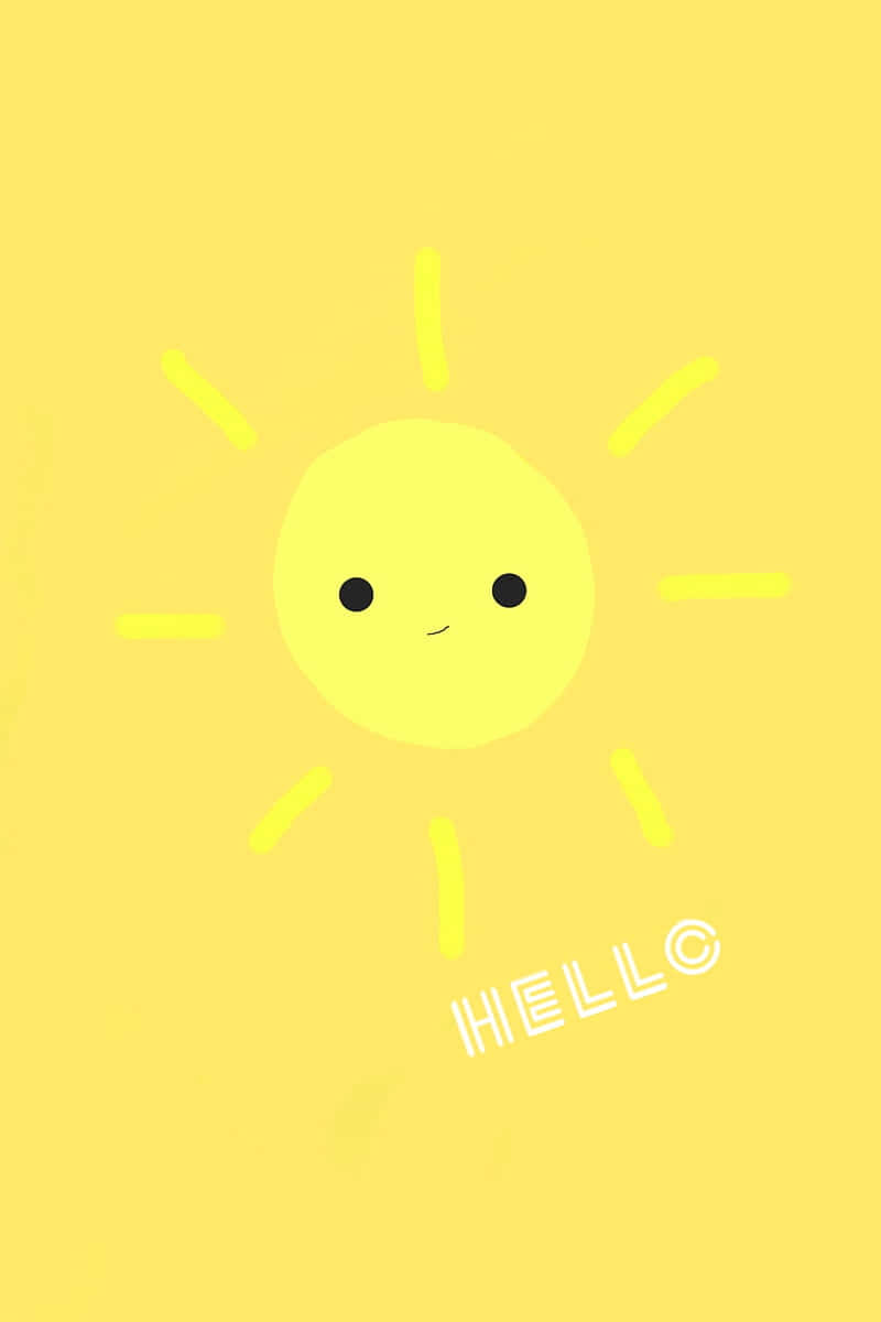 一個微笑的黃色太陽，帶有光線和「hello」字樣，在黃色背景上。