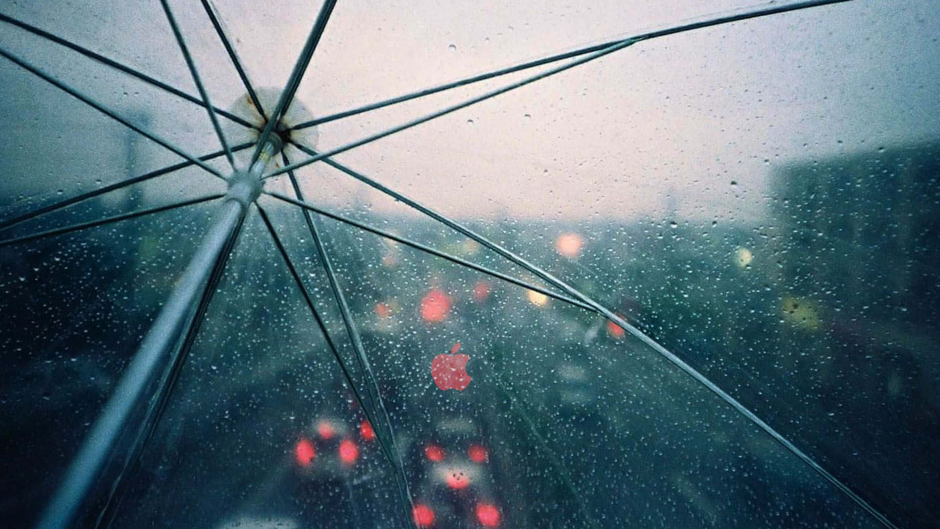 雨中城市駕駛時從透明傘下觀看，帶有模糊燈光。