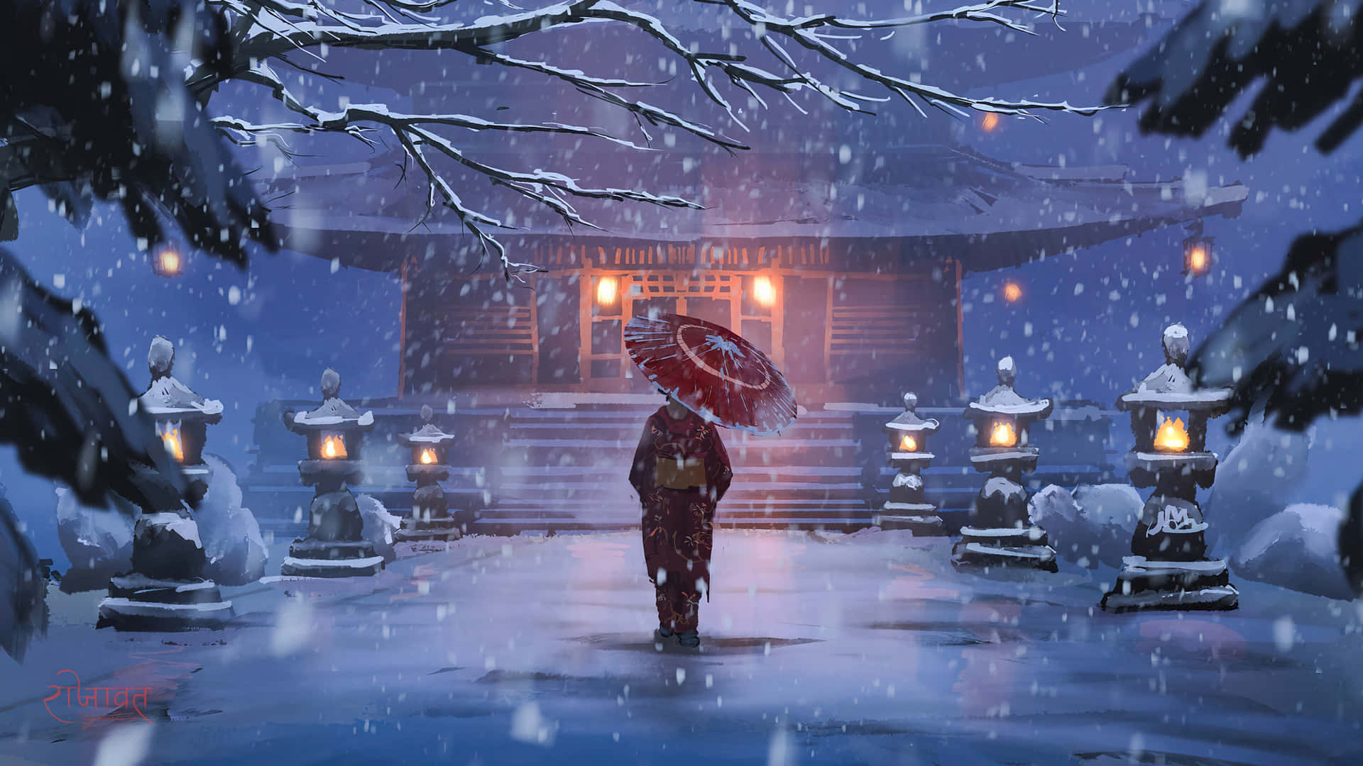 穿著紅色和服、拿著紅色雨傘的人，在夜晚走向積雪的神社。