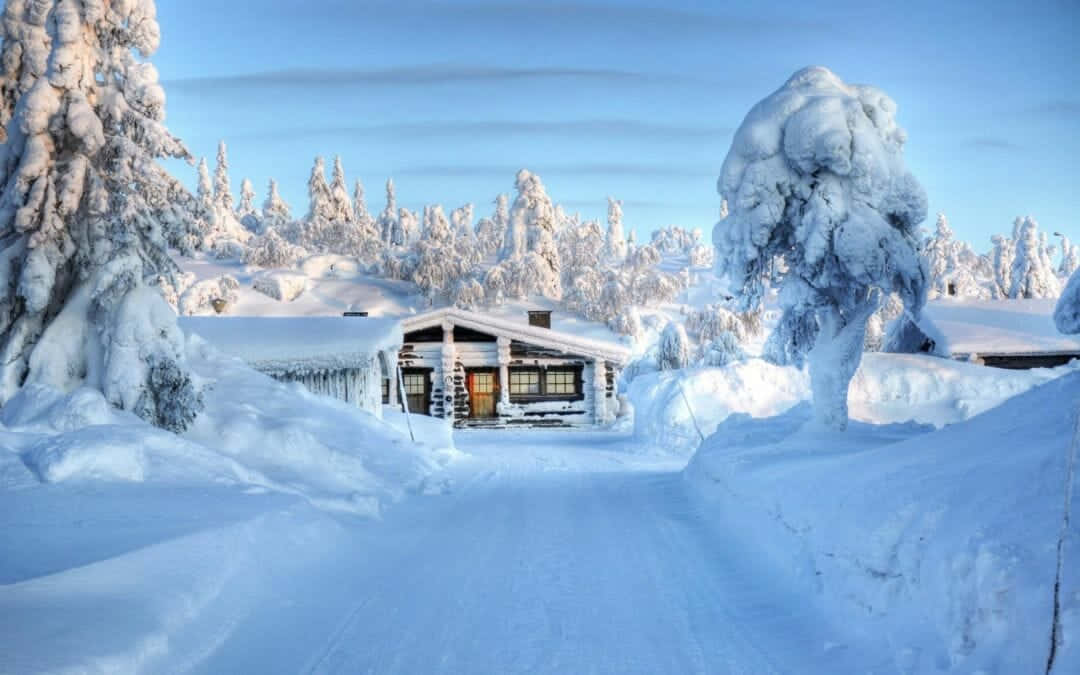 冬季森林中白雪覆蓋的小屋，霜雪覆蓋的樹木和晴朗的藍天。