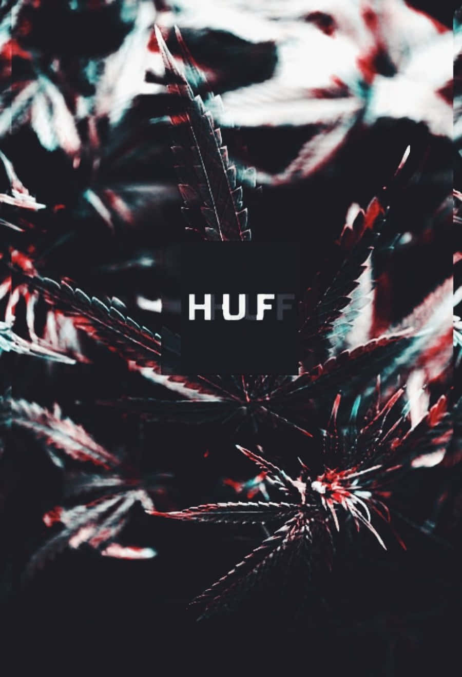 帶有紅色和藍綠色亮點的大麻葉，以及白色文字中的「HUFF」。