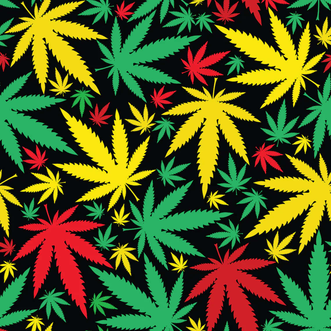 黑色背景上紅色、綠色和黃色大麻葉的大膽圖案。