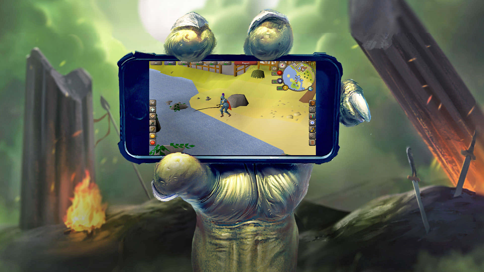 享受高清舊版Runescape的經典RPG體驗 壁紙 — 一隻巨大的石手拿著一部顯示生存遊戲的智能手機，周圍是奇幻廢墟和火焰。