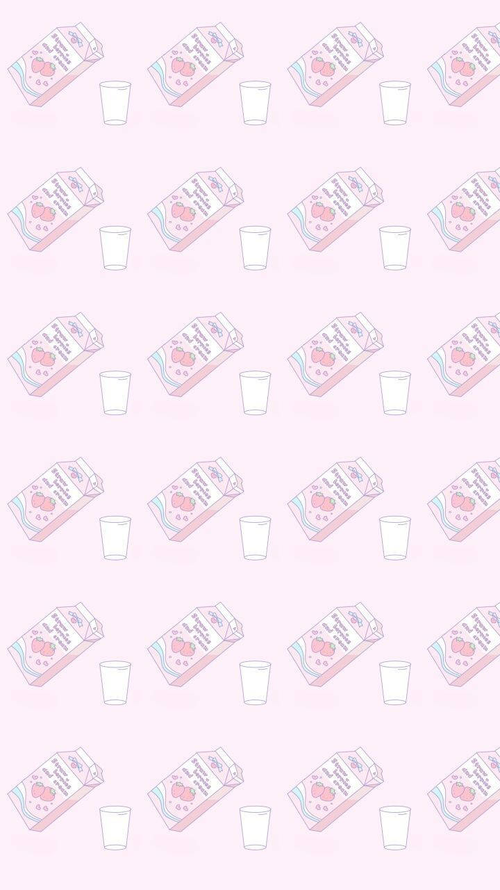 享用一杯冰涼草莓牛奶——完美的清爽飲品 壁紙 — 粉紅色牛奶盒和白色玻璃杯在柔和粉彩粉紅色背景上的重複圖案。