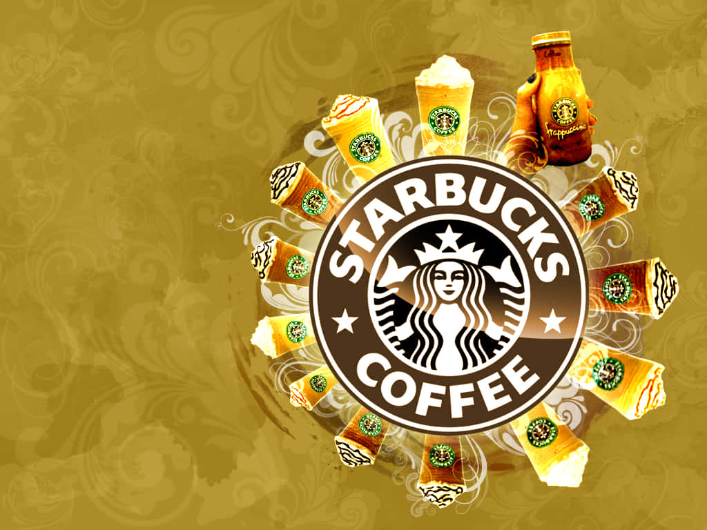 Starbucks 咖啡標誌與周圍的飲品在金色旋轉背景上。