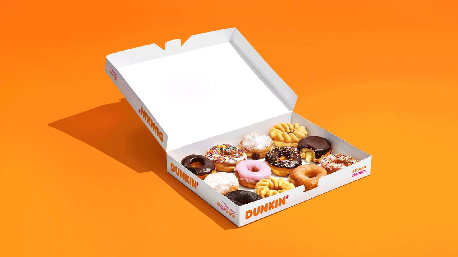 打開的Dunkin'冬甩盒，內有各種冬甩，橙色背景。