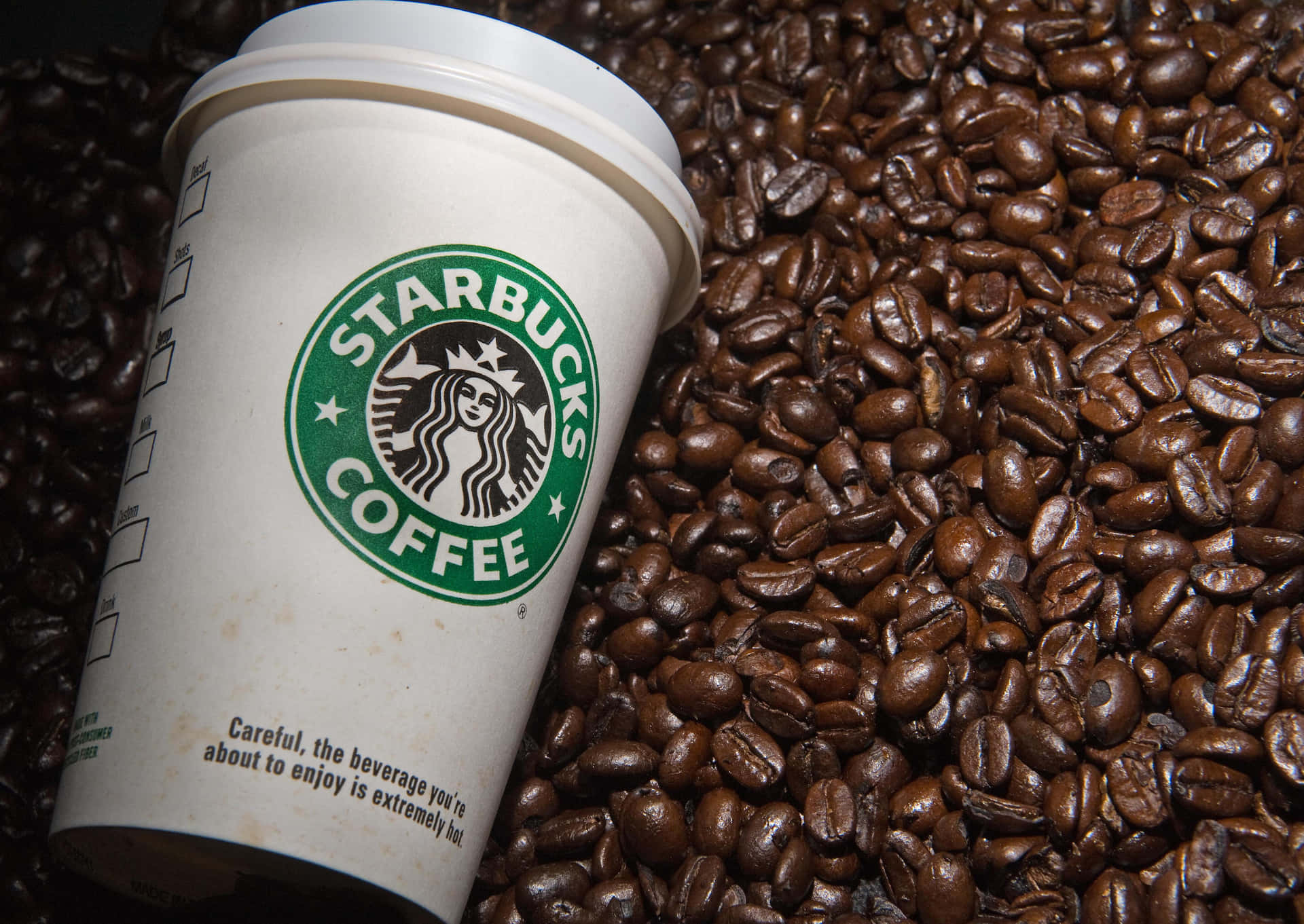 Starbucks咖啡杯被烘焙咖啡豆環繞。 — 星巴克 壁紙