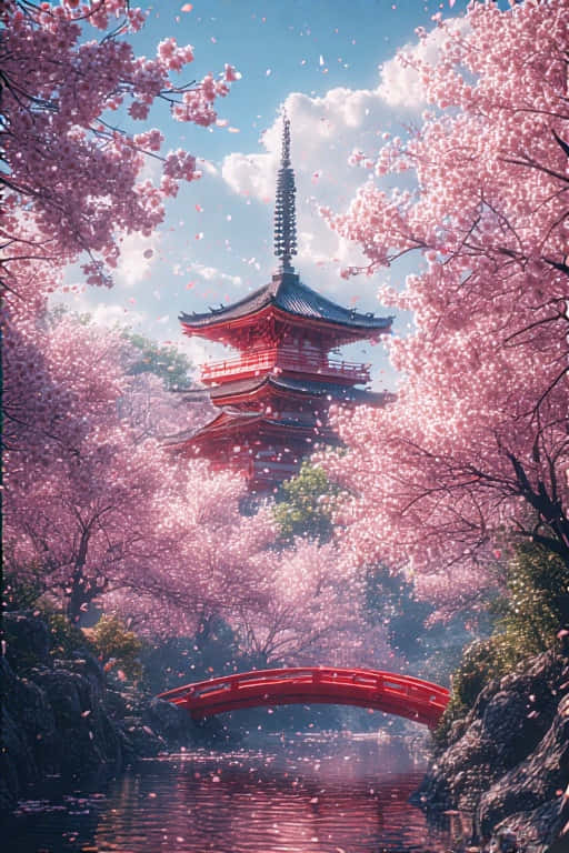 京都塔與櫻花寧靜日本 4K 壁紙 — 一座紅色寶塔和拱橋隱藏在盛開的粉紅色櫻花下，襯著明亮的藍天。