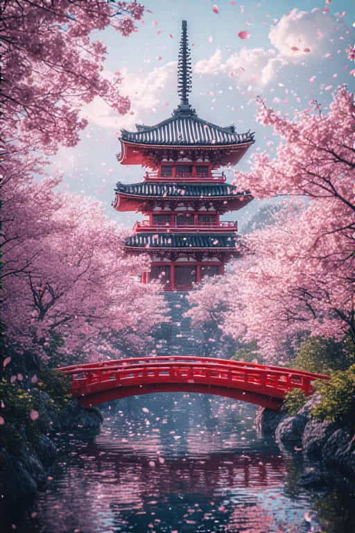 京都塔與櫻花寧靜日本 4K 壁紙 — 一座紅色寶塔在彎曲的橋後升起，粉紅色的櫻花在明亮的藍天中飄揚。