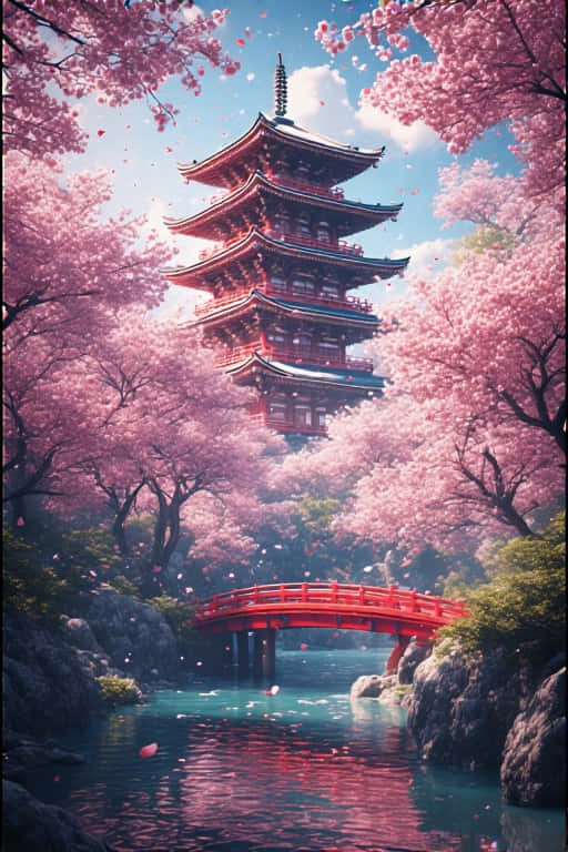 京都塔與櫻花寧靜日本 4K 壁紙 — 一座鮮紅色的寶塔在粉紅色的櫻花中升起，下方是一條寧靜的河流，上面有一座相配的紅色橋樑。