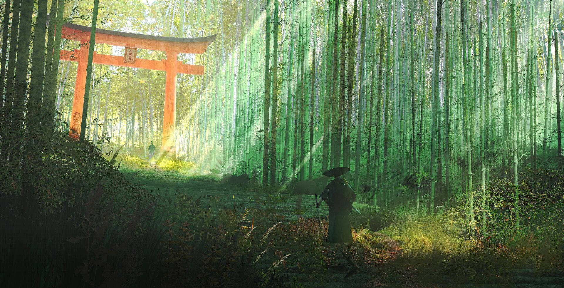 京都嵐山竹林 4K 壁紙 — 一個孤獨的身影在竹林裏走向一座沐浴在金色陽光中的紅色鳥居。