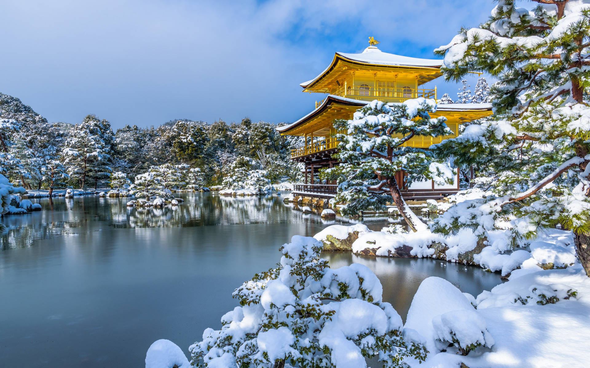 白雪覆蓋的金色寺廟亭閣旁邊有一個寧靜的冬日湖泊。