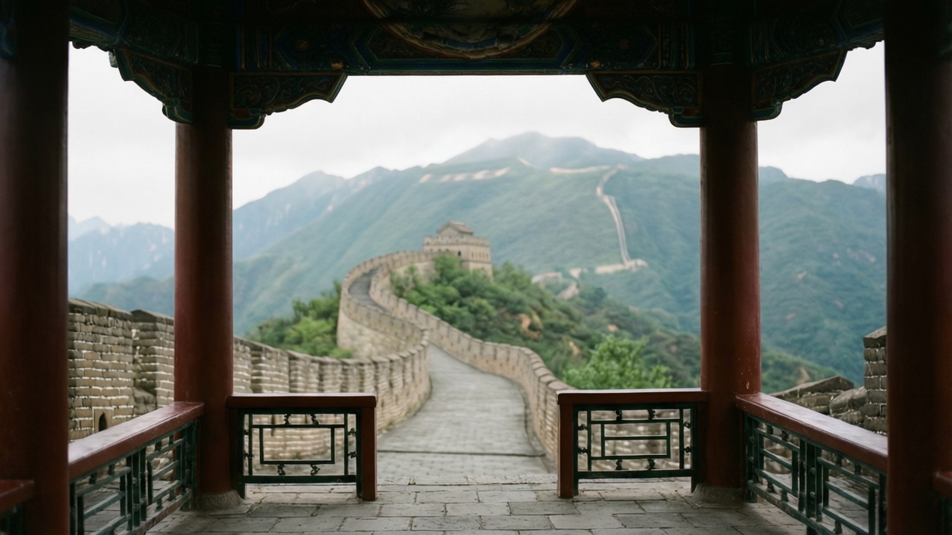 亭台望牆景 壁紙