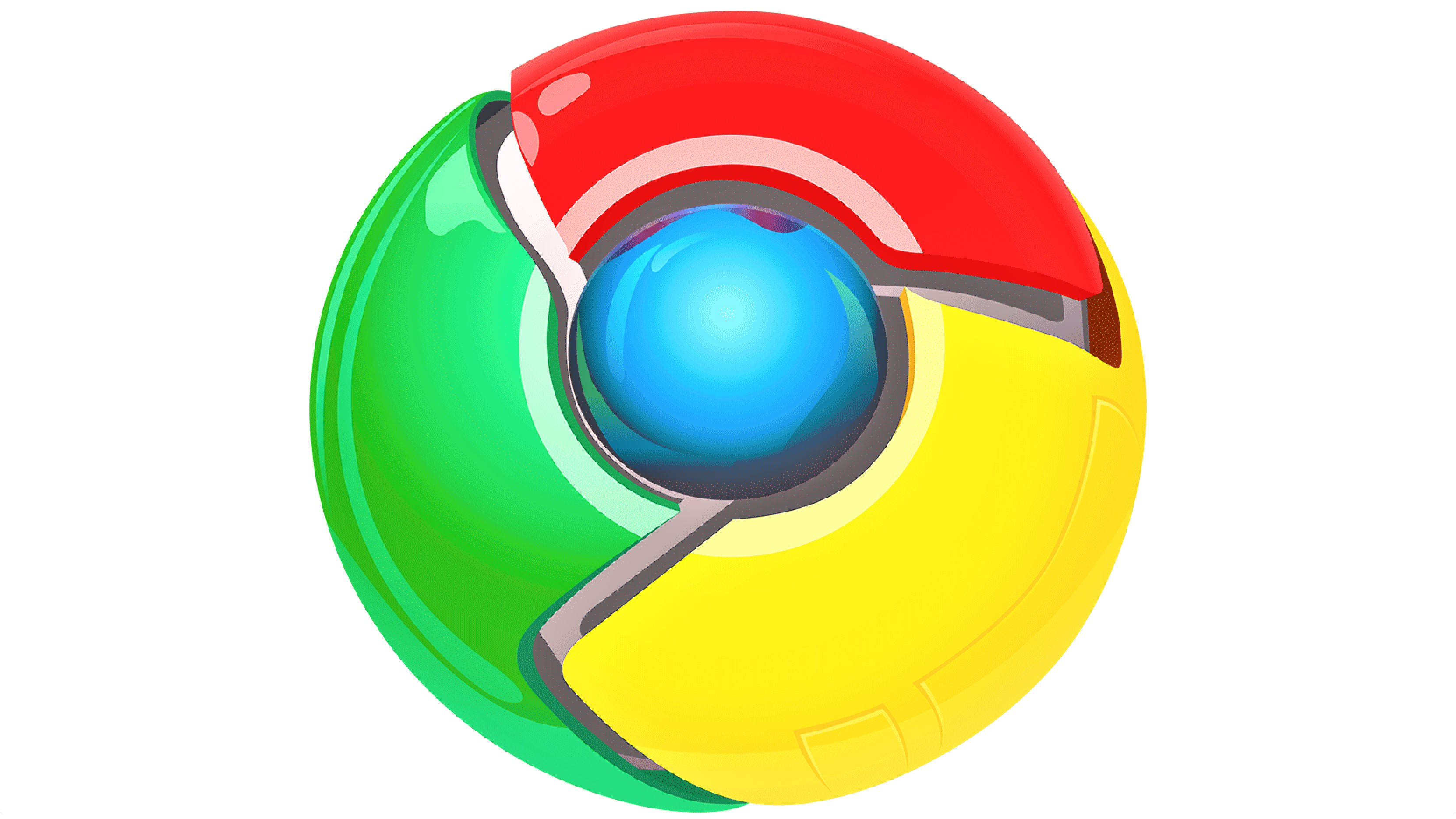 亮彩 Google Chrome 3D 圖標 HD 壁紙 — 一個帶有紅色、綠色、黃色和藍色部分的光澤Chrome瀏覽器標誌，背景為白色。