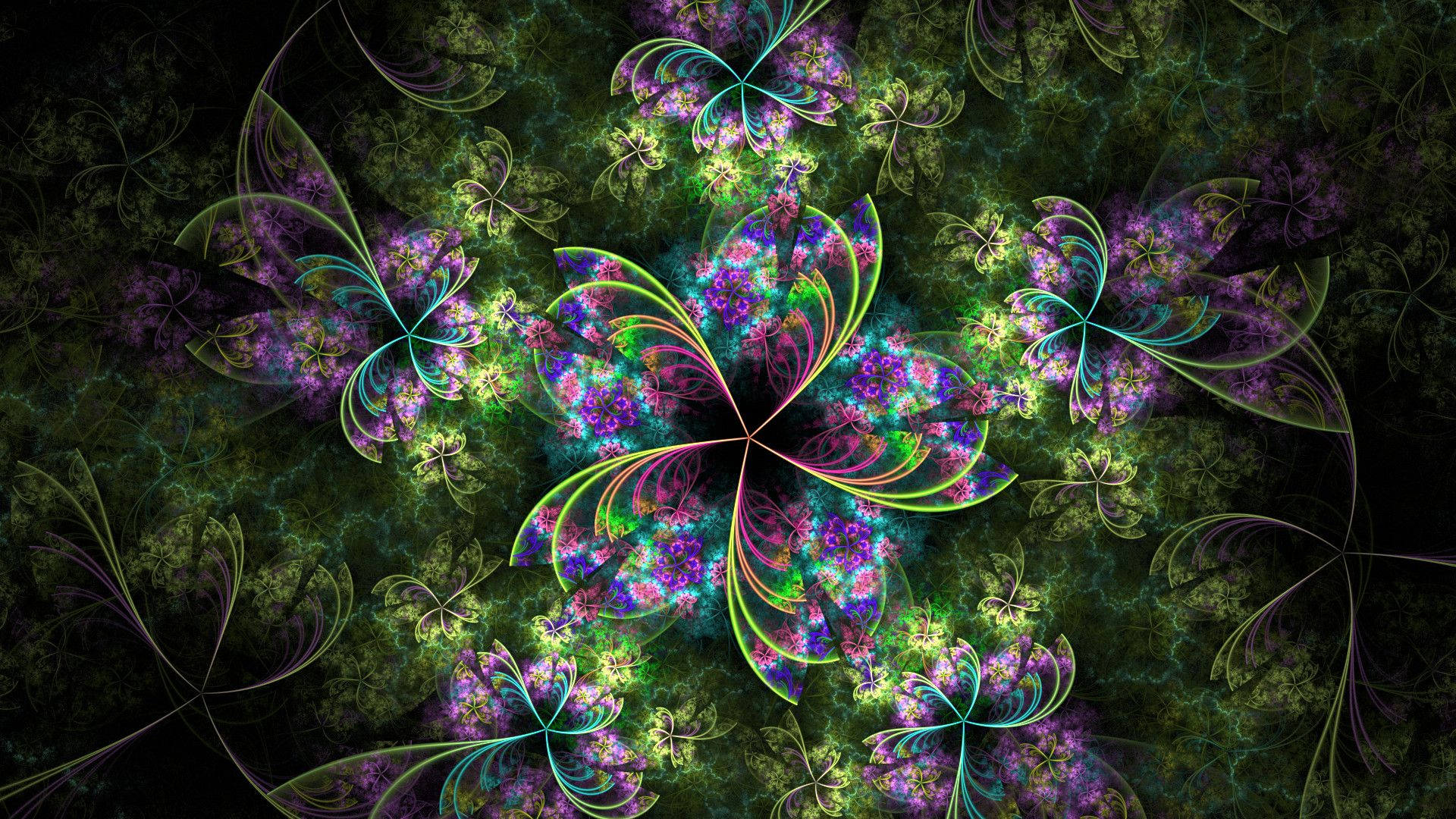 在深綠色背景上以對稱圖案發光的霓虹分形花朵