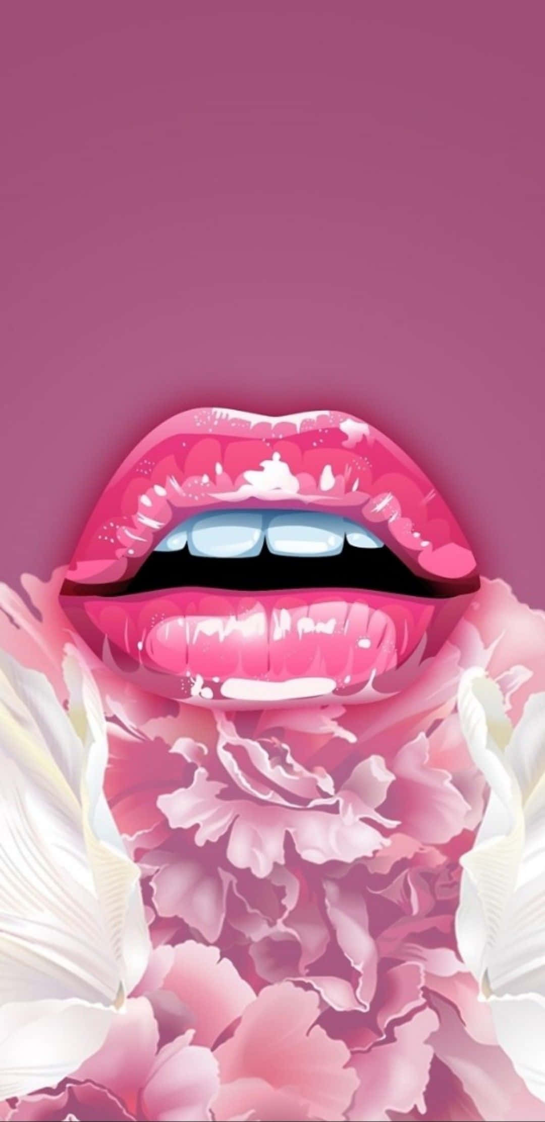 lips 桌布 壁紙 — 亮粉紅色嘴唇搭配白色牙齒，從柔和的粉紅色和白色花瓣瀑布中浮現，背景為純洋紅色。